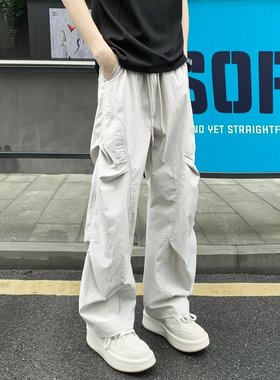 日系工装裤男款秋冬加绒伞兵裤褶皱潮流直筒宽松阔腿美式休闲裤子