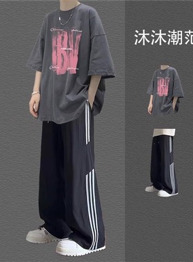 美式复古纯棉短袖t恤男生套装夏季宽松休闲运动潮流男装一套搭配