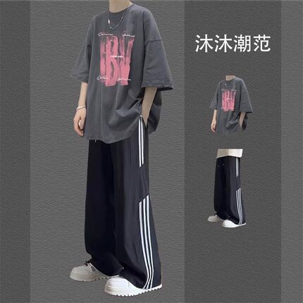 美式复古纯棉短袖t恤男生套装夏季宽松休闲运动潮流男装一套搭配