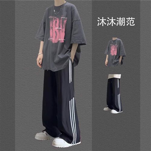 美式复古纯棉短袖t恤男套装夏季