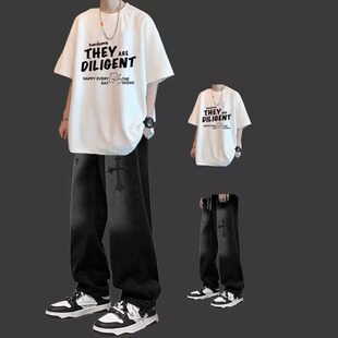 美式hiphop风短袖t恤男夏季套装潮牌宽松半袖青少年男装一套搭配