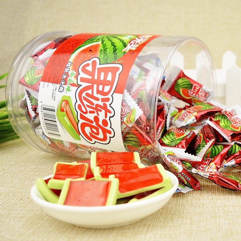 80后怀旧零食糖果小光头果冻泡西瓜泡泡糖超软糖桶装540克约150颗