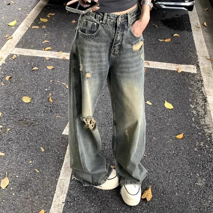 美式复古不规则毛边破洞牛仔裤女小个子高腰直筒宽松显瘦阔腿长裤