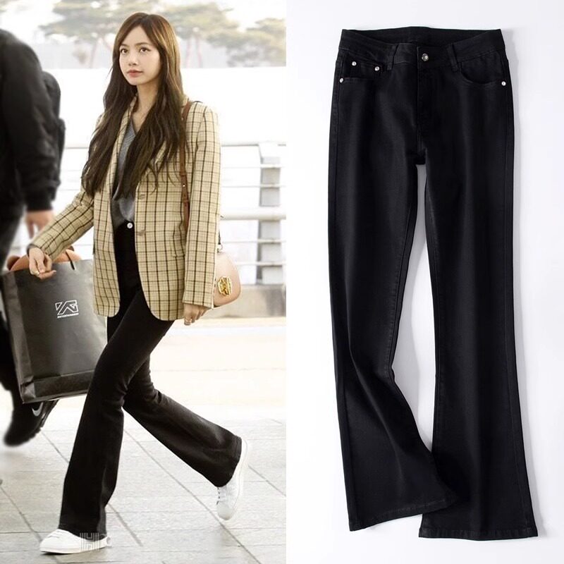 Lisa明星同款黑色微喇叭牛仔裤女