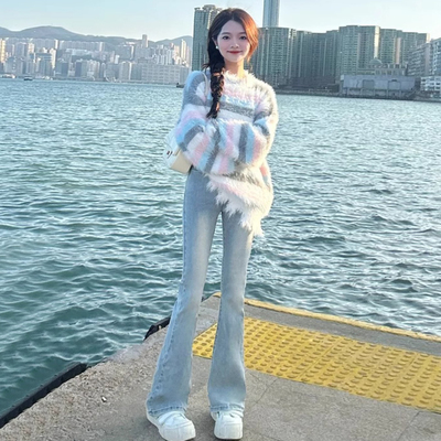 浅色高腰微喇牛仔裤女2025年秋冬新款小个子显瘦弹力喇叭马蹄裤子