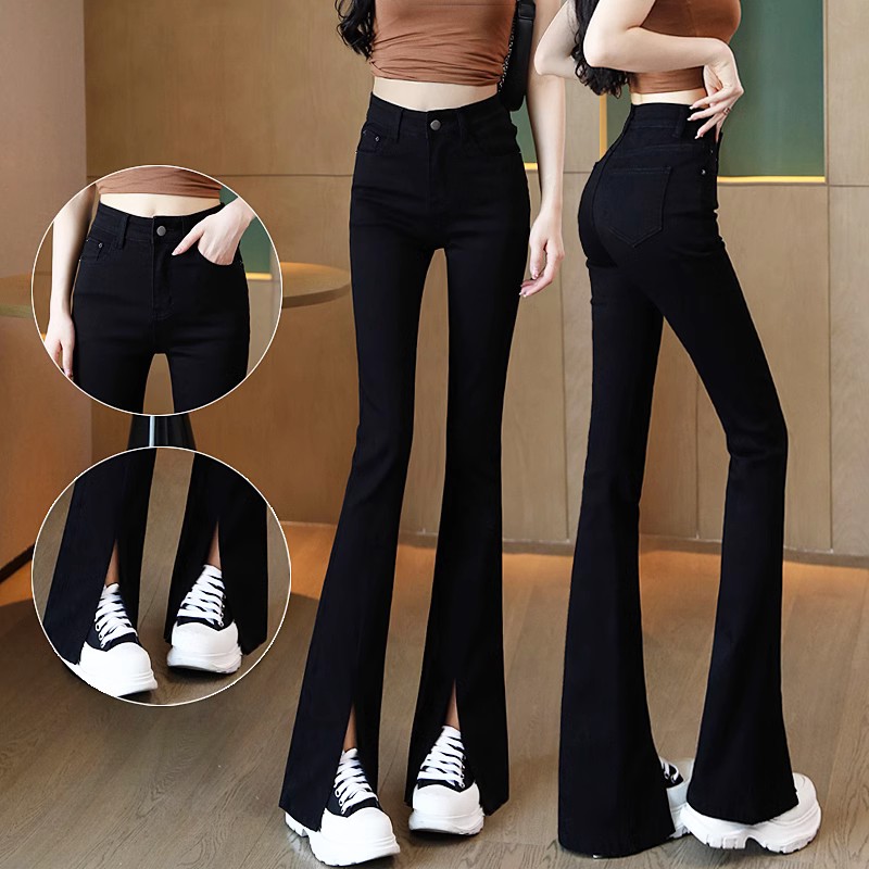 2025年秋季新款黑色微喇叭牛仔裤女高腰显瘦开叉弹力马蹄拖地裤潮