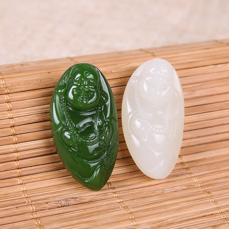 玉石新疆和田玉笑佛白玉碧玉 和田玉籽料菠菜绿碧玉平安玉坠吊坠