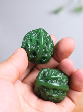 玉器天然新疆和田碧玉核桃手把件健身球菠菜绿碧玉手球玉石把