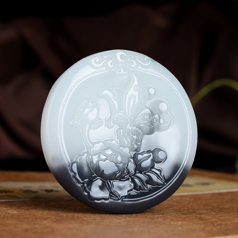 新疆和田玉青花玉荷花牌子青海无边荷花蝶恋花男女款玉牌玉石吊坠