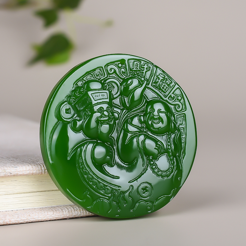 玉器新疆和田碧玉羊脂玉财神弥勒大肚佛吊坠男女款菠菜绿项链