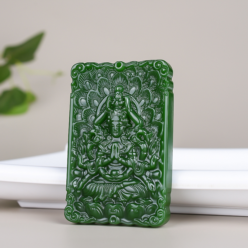 玉器和田玉碧玉千手观音男款吊坠菠菜绿观音佛像男士项链玉石玉