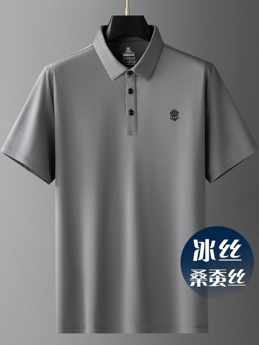 2024 NEW ICE SILK MULBERRY SILK SHORT SLEEVE MENS SUMMER LAPEL LOOSE POLO SHIRT MENS BUSINESS CASUAL T-SHIRT