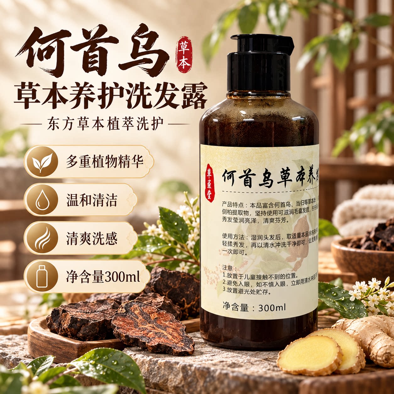 草匠堂何首乌洗发水人参草本养发液清洁芳香护发草本洗发膏300ml