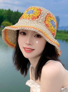 手工编织草帽2025新款彩色花朵海边帽子遮阳防晒镂空透气出游度假