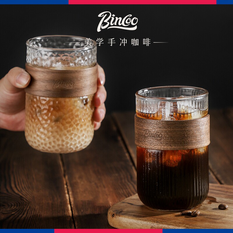 bincoo日式复古水杯高硼硅玻璃竹套竖纹手冲挂耳咖啡杯子牛奶茶杯