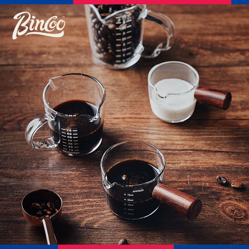 Bincoo玻璃奶盅日式木柄奶罐双嘴迷你刻度咖啡加奶杯量杯打奶器