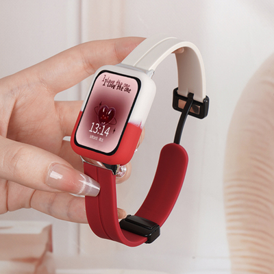 适用小米手环9pro新款磁吸扣硅胶表带8pro运动智能腕表带硅胶保护套女生保护壳秋冬高级耐磨新年红款半包