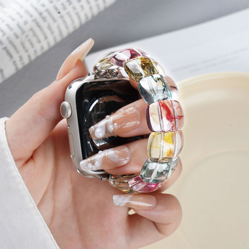 适用苹果手表Applewatch S9水晶手镯仿碧玺表带iwatch S8运动ultra2智能S7小众6创意5女生4夏天表链透气秋冬