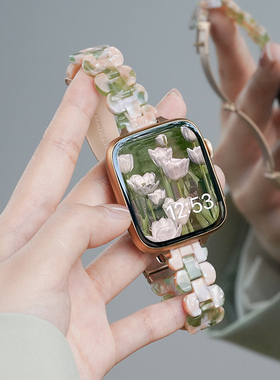 适用苹果手表Applewatch S9/10代11镭射透明树脂表带ultra2/3运动iwatch s8智能s7女生6夏天5表链4高级感春夏