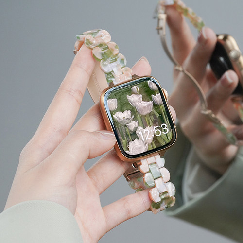 适用苹果手表Applewatch S9/10代11镭射透明树脂表带ultra2/3运动iwatch s8智能s7女生6夏天5表链4高级感春夏