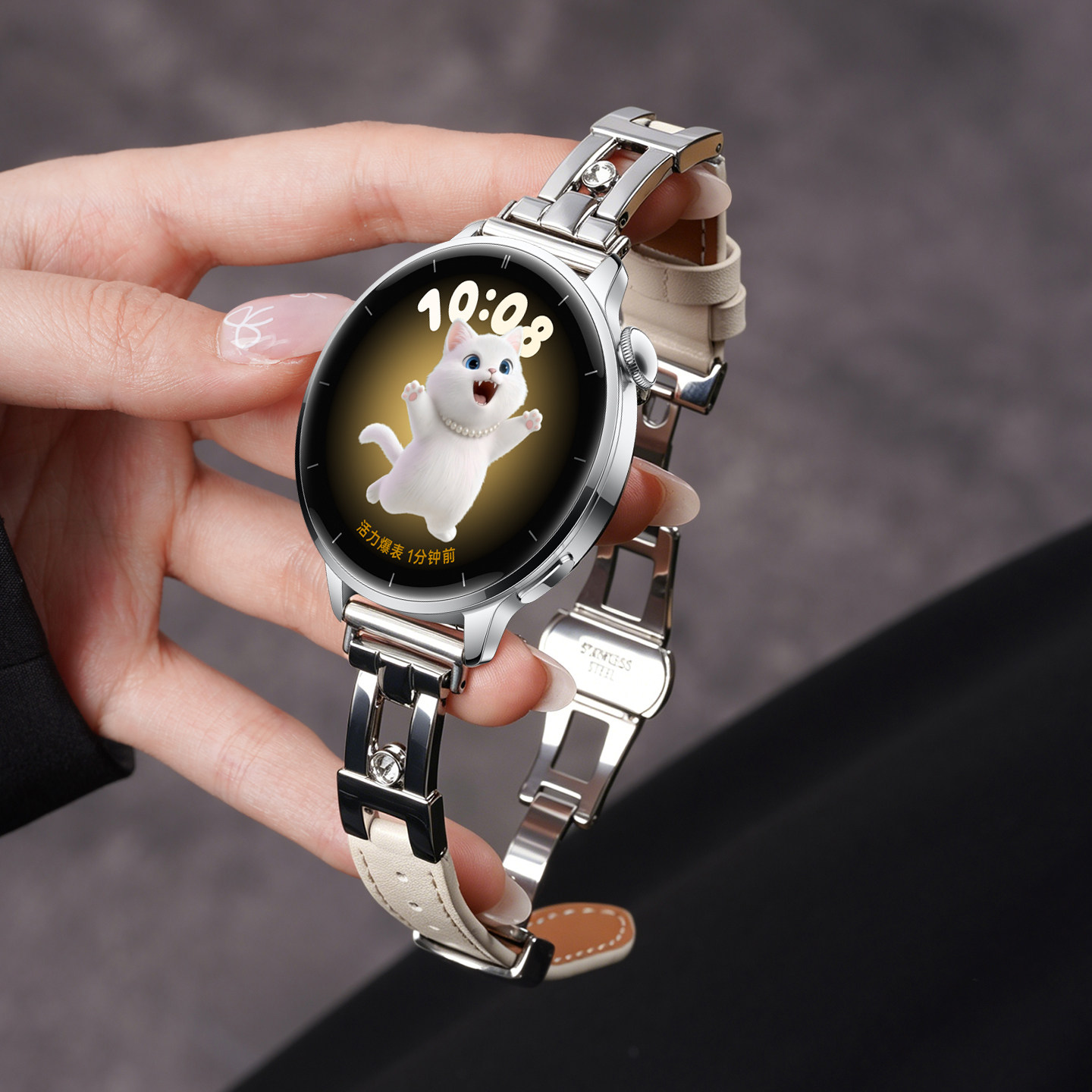 适用OPPOwatchX3mini手表带滑梯镶钻拼皮腕表带watchx2mini运动智能女生夏季表链金属高级星光银