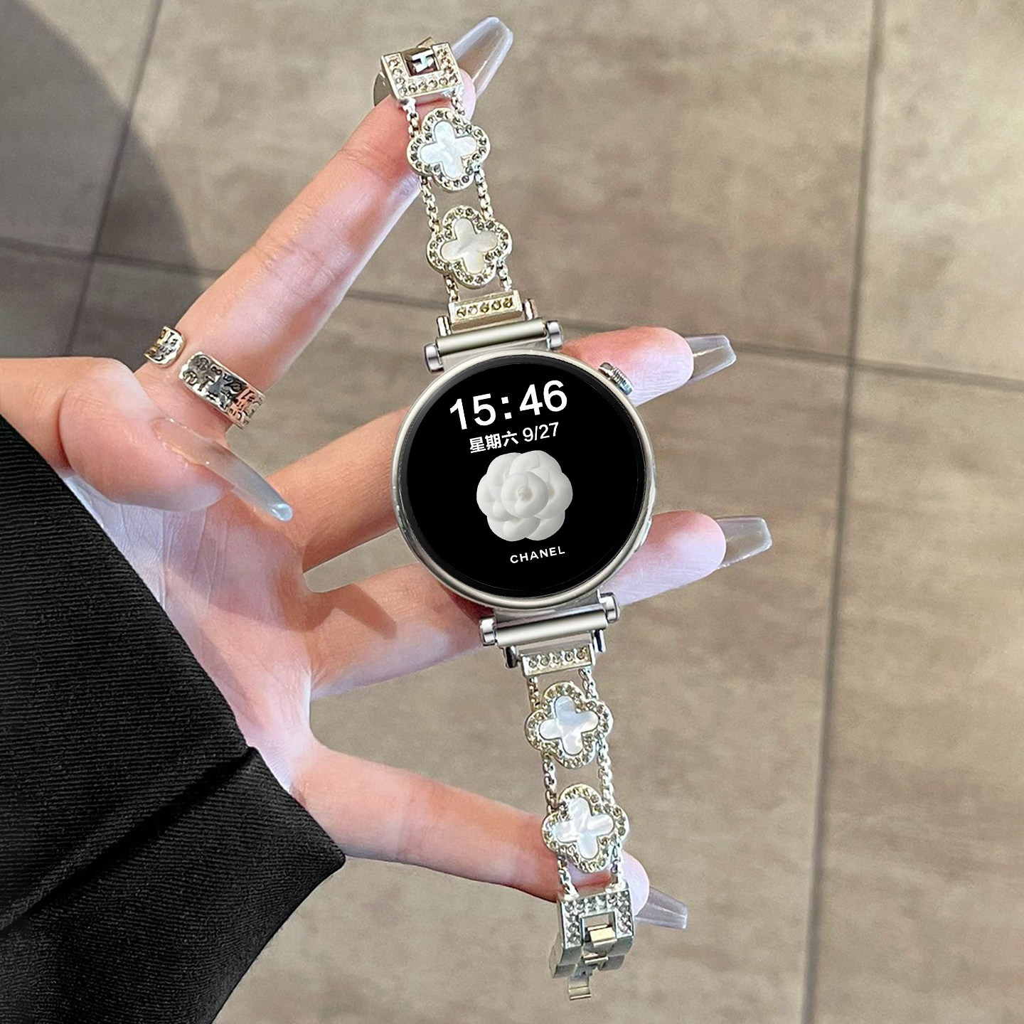 适用OPPOwatchx3mini手表带x2mini施华洛镶钻四叶草腕表带运动智能手表18mm女生夏季透气表链高级
