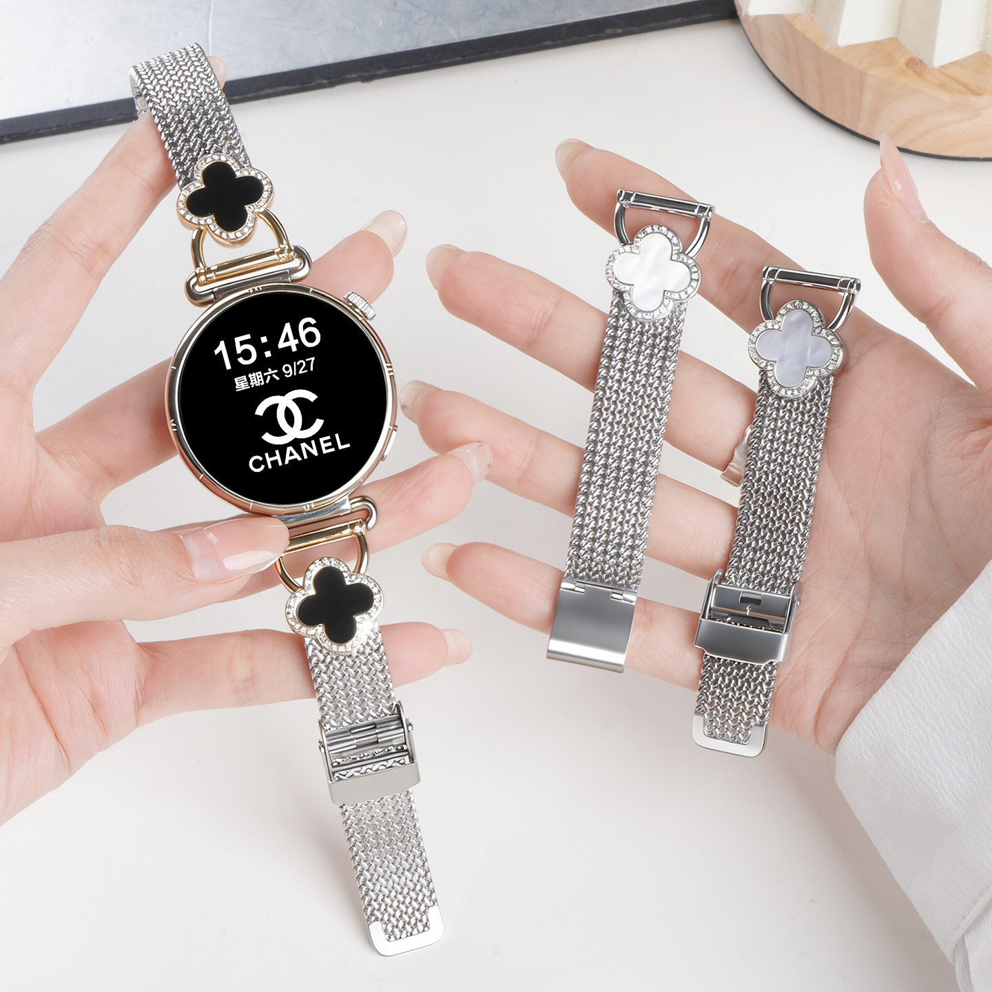 适用华为GT6麦穗卡扣18mm四叶草手表带watchgt5pro运动GT5智能watch5金属腕表带女生GT5夏季gt4透气高级感