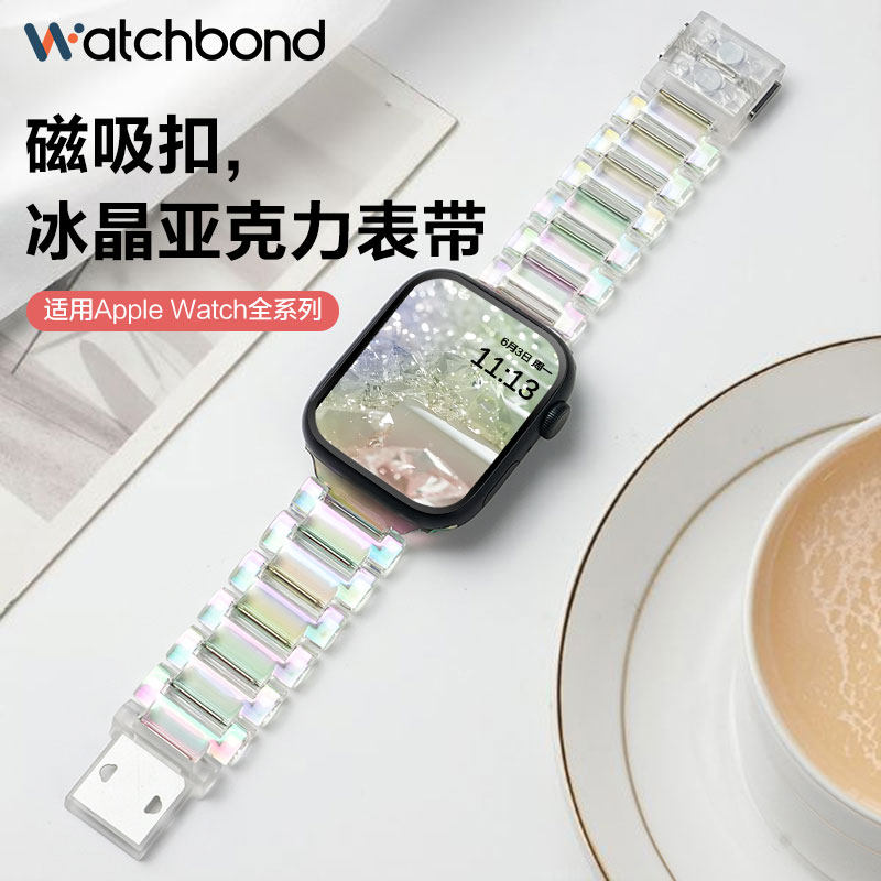 适用苹果手表iwatch S10磁吸扣亚克力透明七彩表带Applewatch ultra2镭射S9腕表带8小众7运动智能6女生夏季
