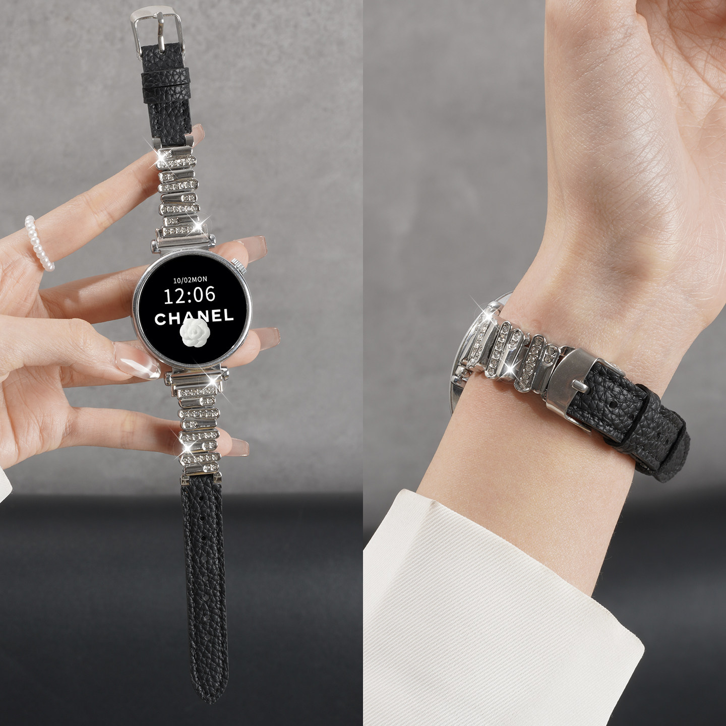 适用华为gt6黑天鹅同款手表带watchgt5智能腕表不规则镶钻黑天鹅款gt4女款watch5 42mm秋冬真皮gt5pro替换链