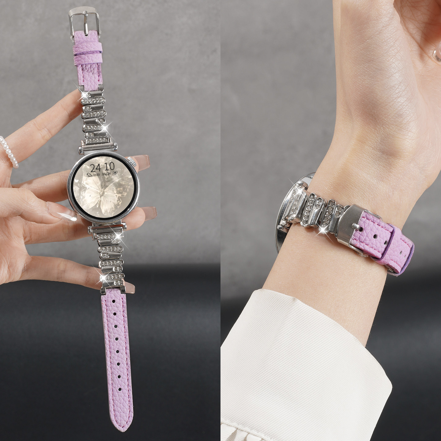 适用华为GT6黑天鹅同款手表带watchgt5智能腕表新款不规则镶钻紫色gt4女款watch5 42mm秋冬真皮gt5pro替换链