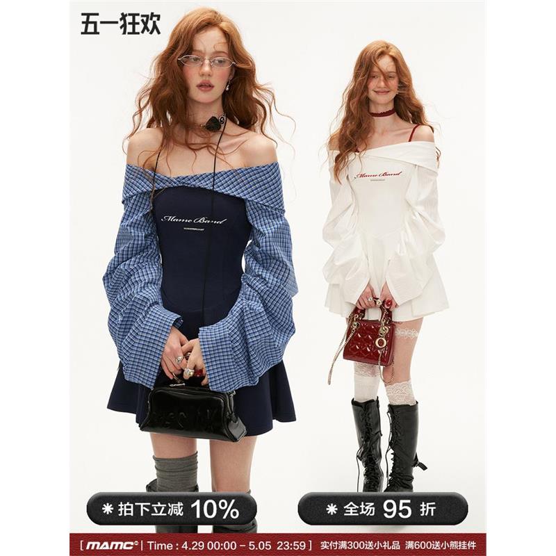 MAMC拼接衬衫灯笼袖一字肩连衣裙女秋季新款高级气质长袖性感裙子