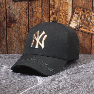 黑色金标NY帽子秋冬季 韩国mlb棒球帽签名款 硬顶男女LA鸭舌帽潮牌