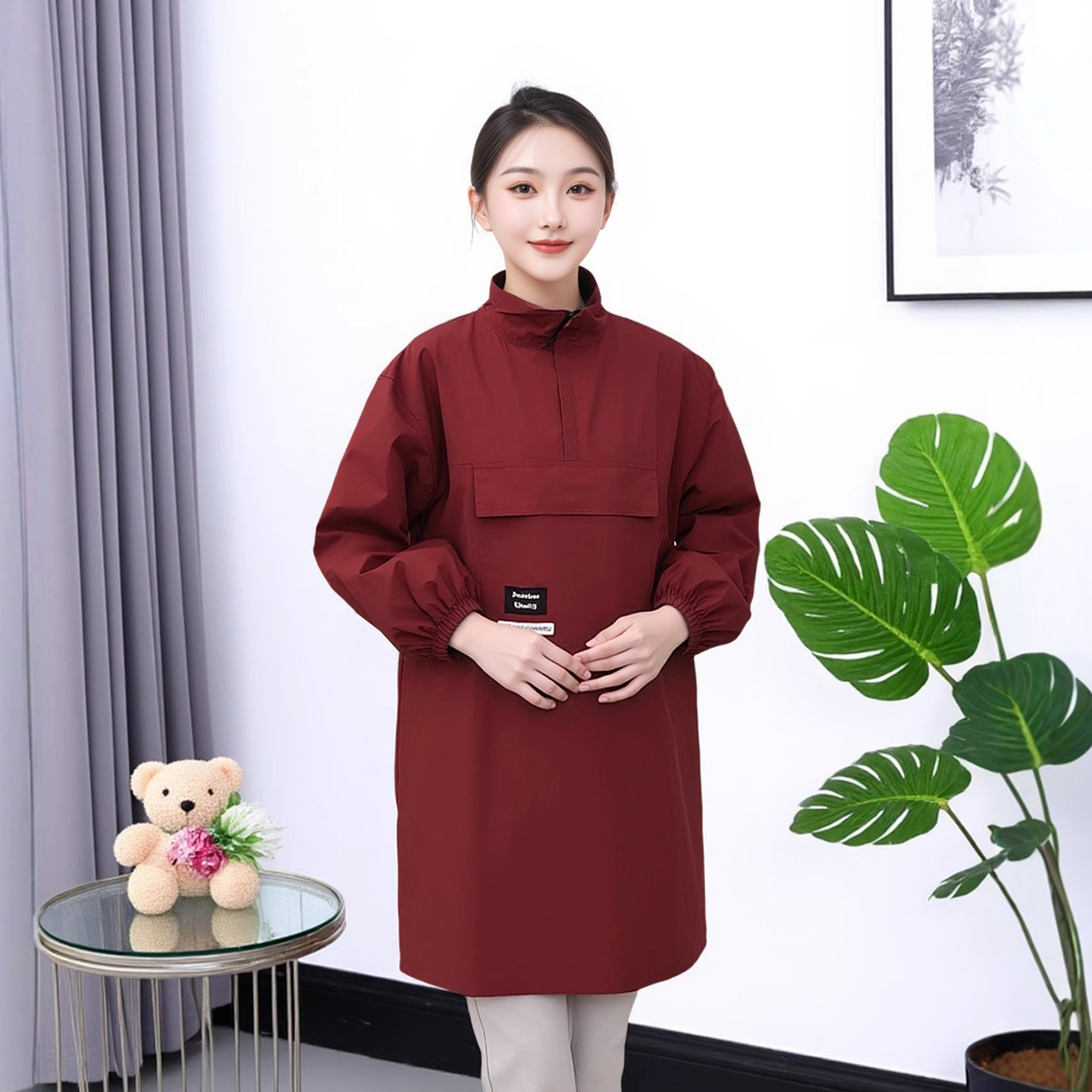 新款女士围裙罩衣厨房家用长款工作长袖防水红色专用男大码200斤