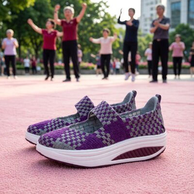 春季女鞋编织摇摇鞋透气软底舒适妈妈鞋一脚蹬增高休闲鞋