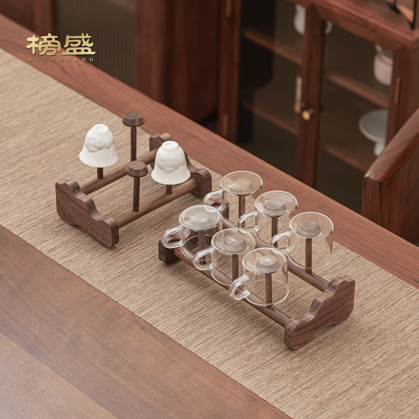 榜盛胡桃木茶杯架茶杯收纳架小型置物架实木中式茶杯倒挂沥水架