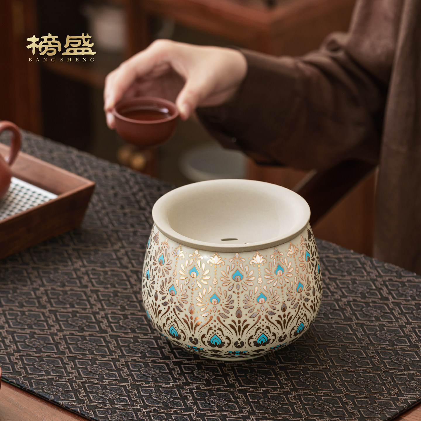 汝窑敦煌凤翎建水茶渣缸带盖大号高端茶洗水盂家用功夫茶具配件