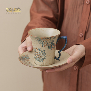 复古绿茶杯 榜盛手绘青花茶杯陶瓷家用火石红咖啡杯个人杯水杯中式