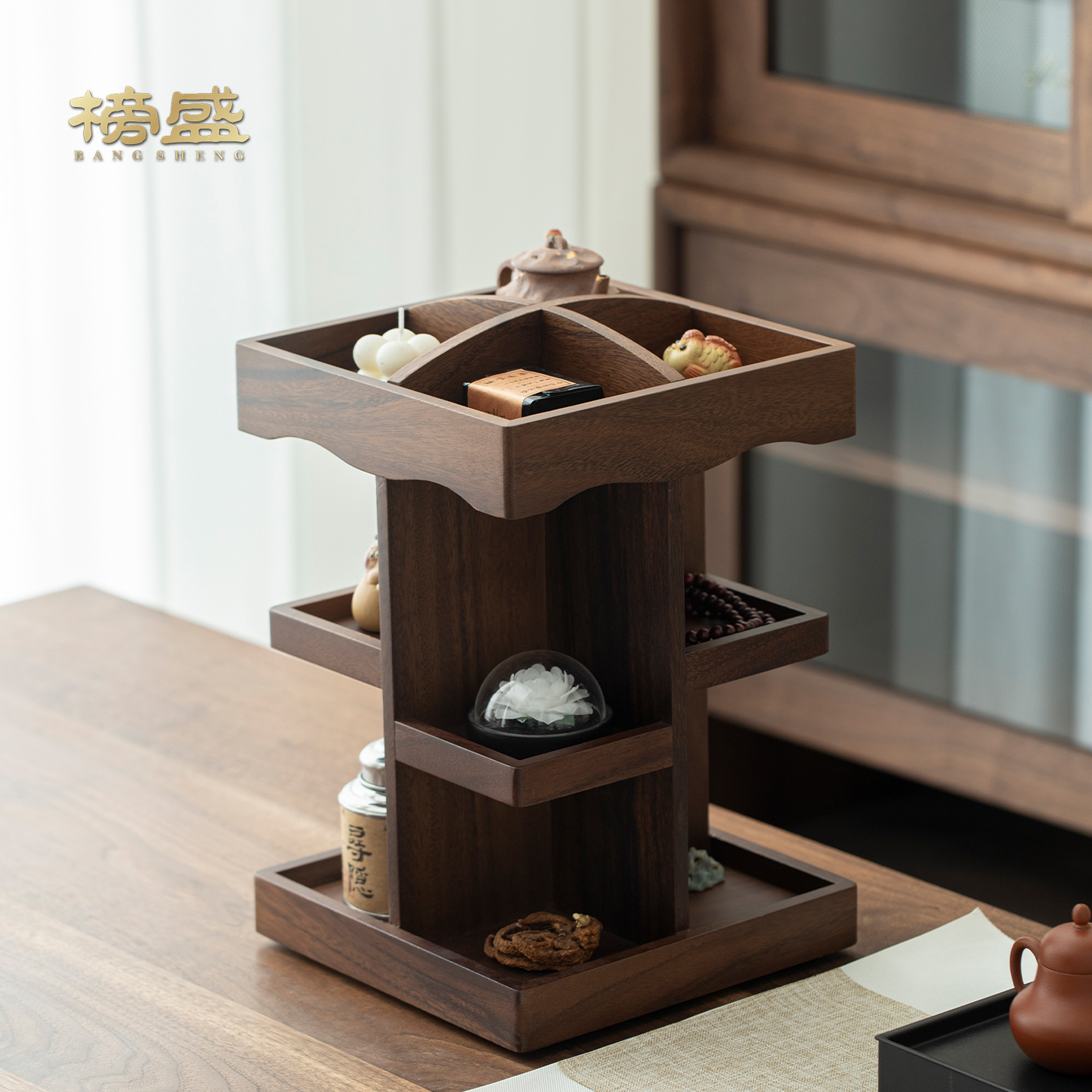 胡桃木360度旋转桌面收纳盒