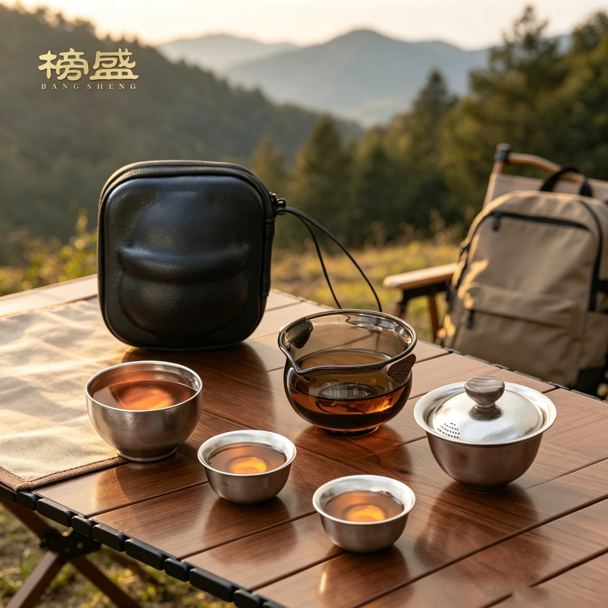 榜盛纯钛便携式旅行茶具套装一壶三杯功夫茶具户外快客杯收纳包