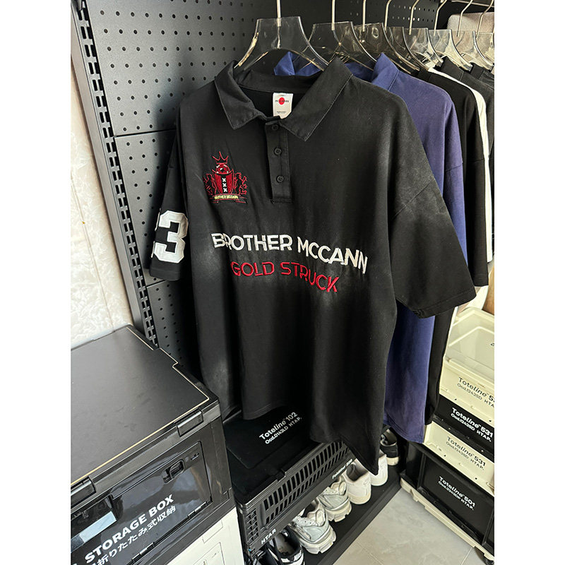ooohmygo美式复古刺绣做旧POLO领短袖男夏季ins潮牌宽松T恤半袖衫