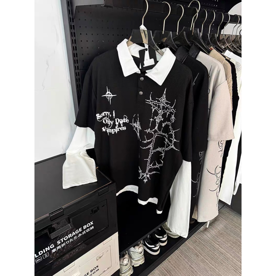 美式街头荆棘印花假两件长袖T恤