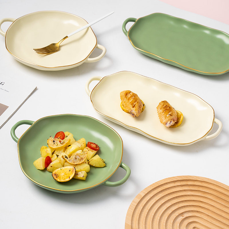 北欧轻奢家用创意双耳圆烤盘餐厅曲巢金边双耳长方盘陶瓷菜盘子,餐饮具,盘,淘宝优惠券,粉丝福利购,淘宝优惠卷