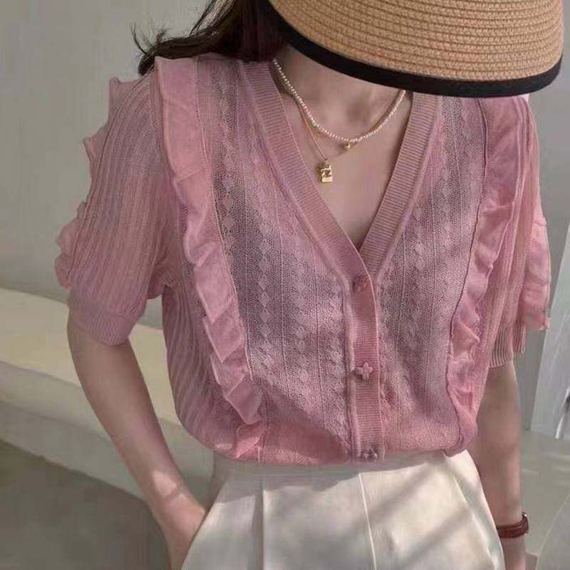 霏融2022夏季新款冰丝短袖针织衫女时尚V领蕾丝花边洋气上衣开衫