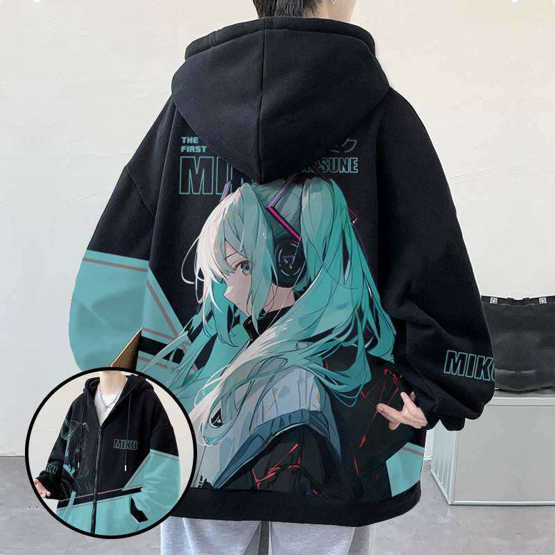 冬季初音未来卫衣男连帽开衫大码上衣加绒加厚外套miku印花二次元