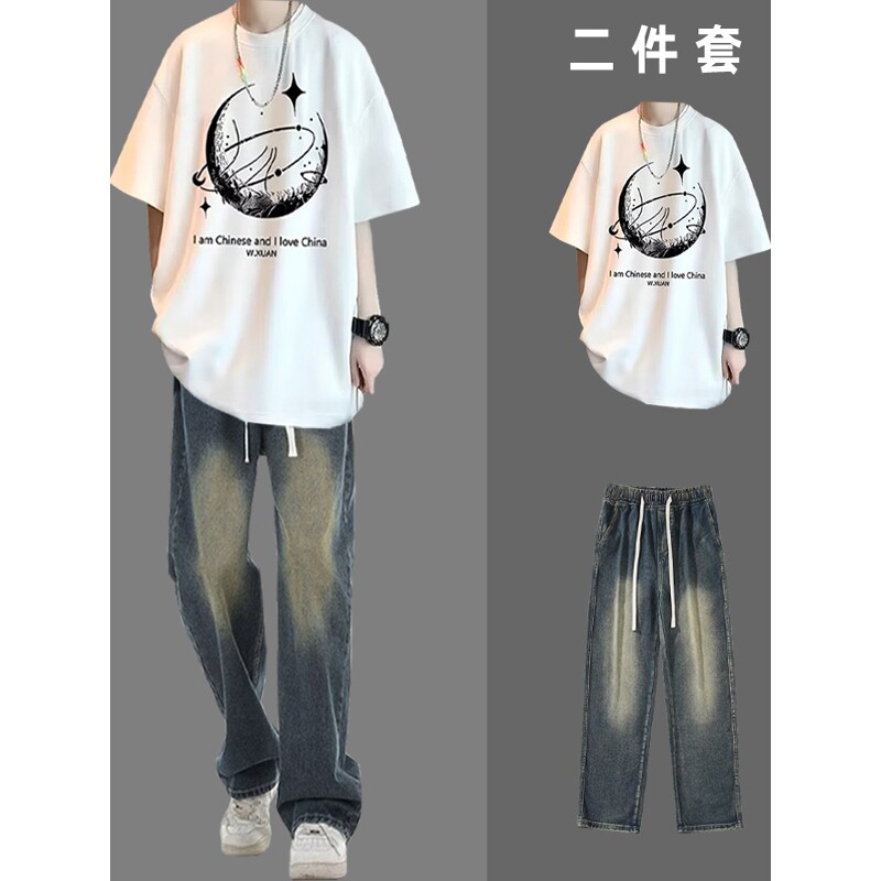 品牌专柜夏季短袖t恤牛仔裤套装