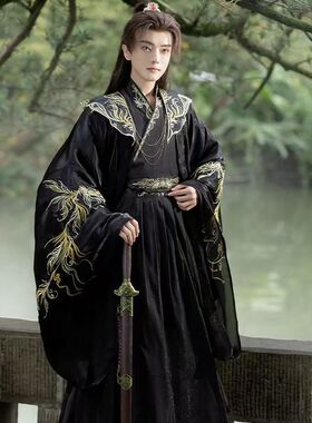 汉服男黑色云肩龙纹古装帅气酷cos高端套装武侠男女同款演出旅拍