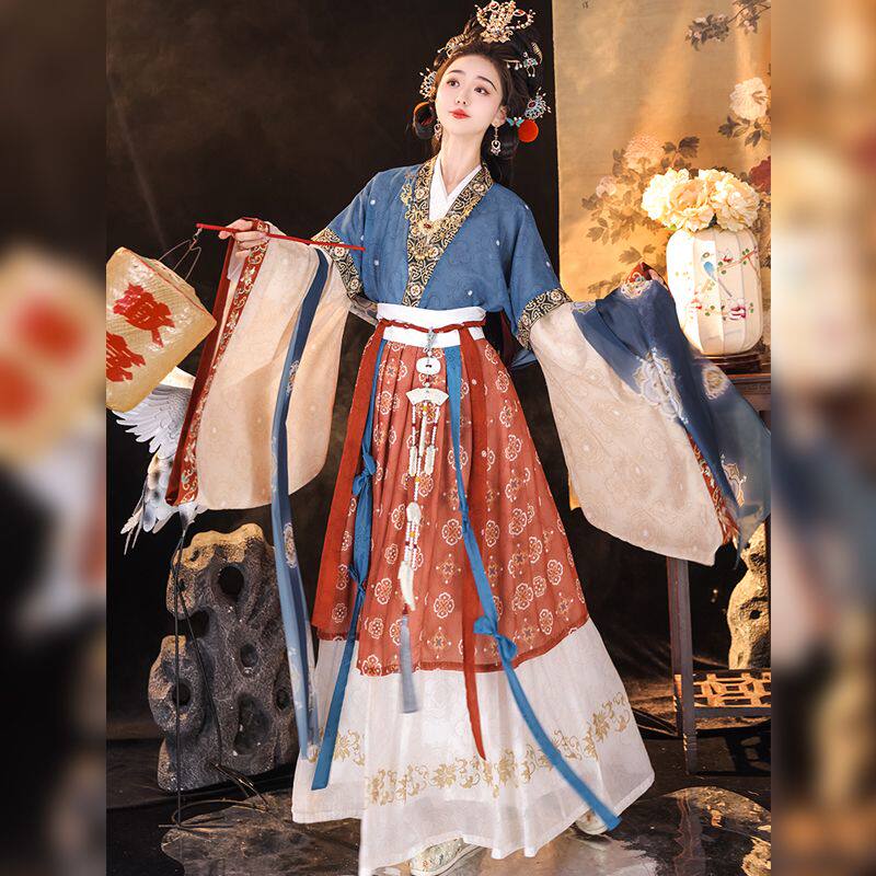 汉服女中国风古装宋制李清照大袖衫红蓝色仕女图神仙嫦娥复原风