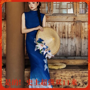 海岛沙滩长裙修身显瘦海边渡假连衣裙旗袍新中式感设计花朵收腰蓝