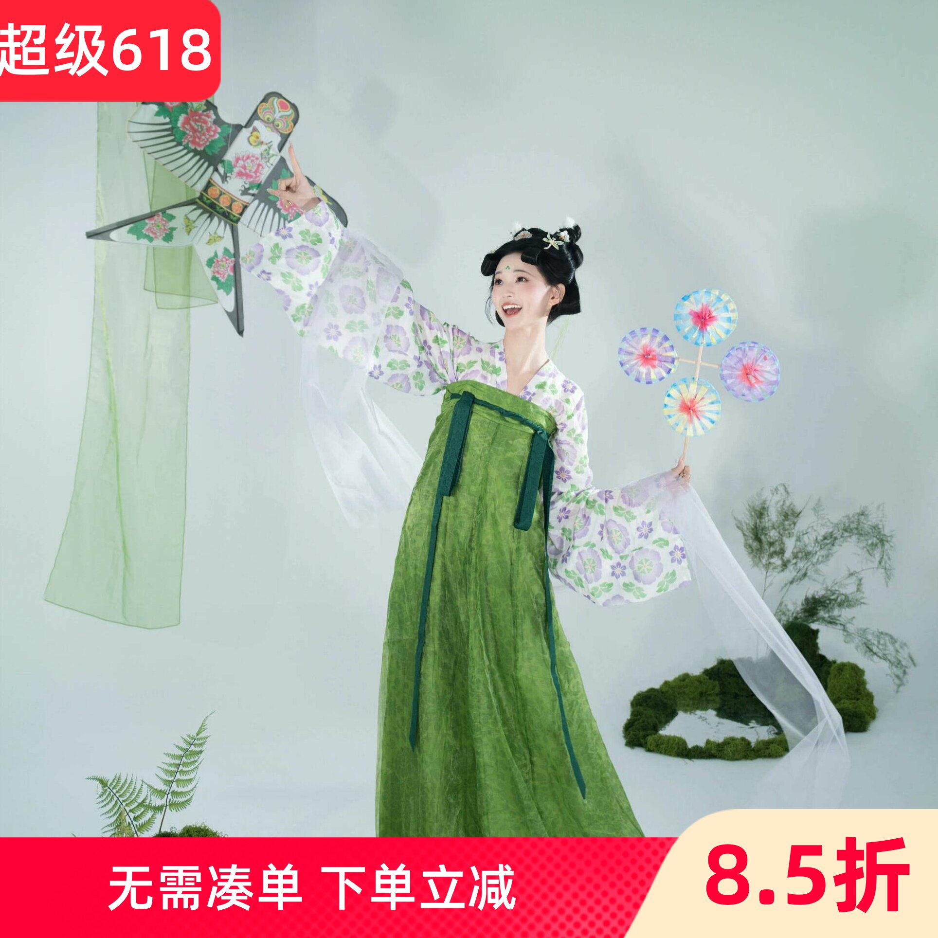汉服女中国风一片式齐胸襦裙绿色系古装日常唐朝公主古风长裙葡萄