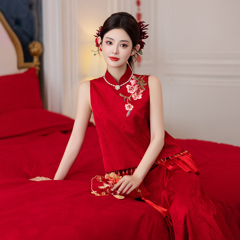 旗袍敬酒服新娘高级感气质新中式结婚晨袍订婚礼服裙戏曲风梅花